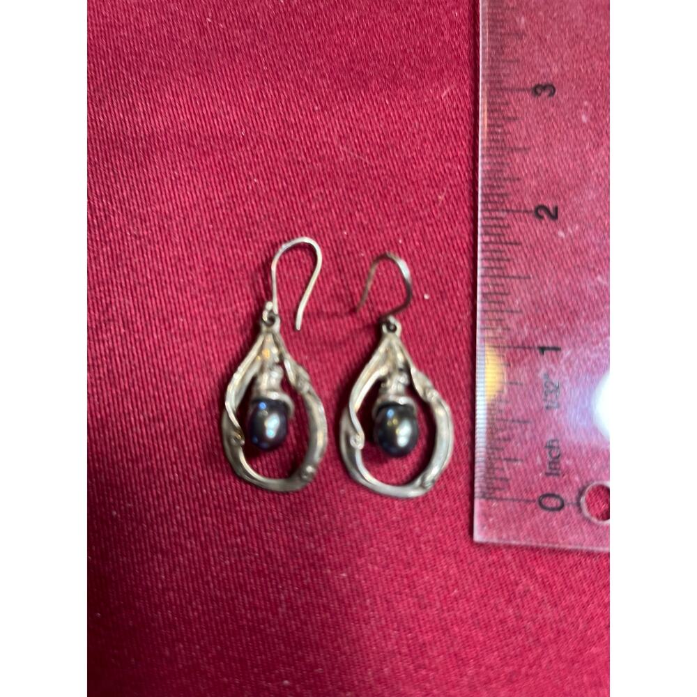 Vintage Hagit Gorali Sterling Silver Black Pearl Dangle Earrings Signed HG 925 - Picture 2 of 3